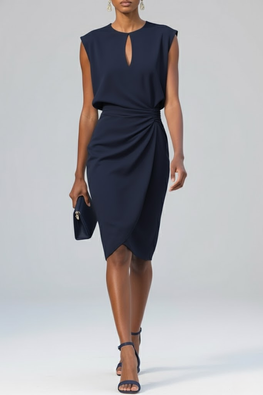 Harrow Alina sleek ruched bodycon midi dress with keyhole neckline, ideal for cocktail parties, worn by a woman.