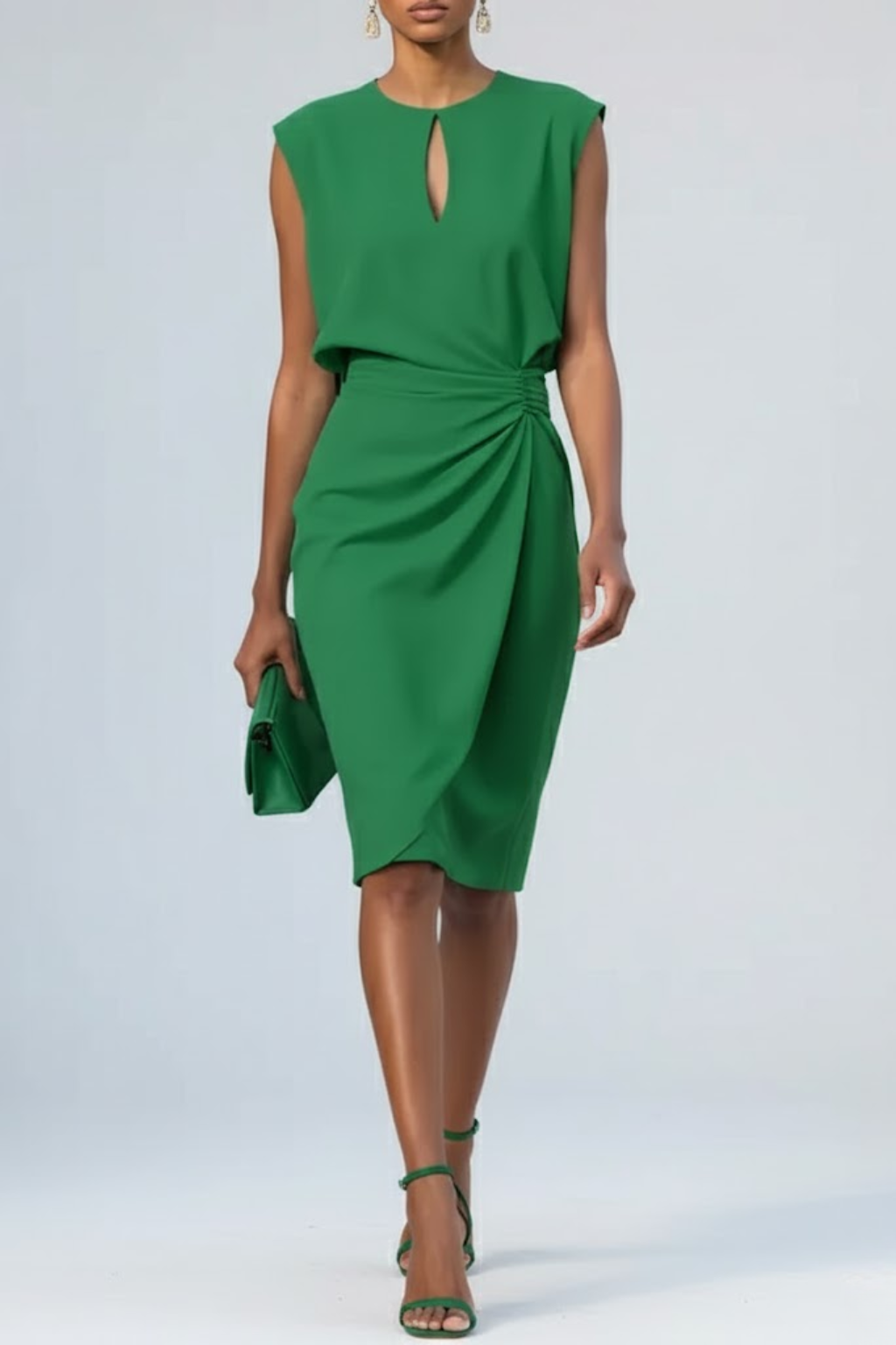 Harrow Alina sleek ruched bodycon midi dress with keyhole neckline, perfect for cocktail parties, worn by a woman.