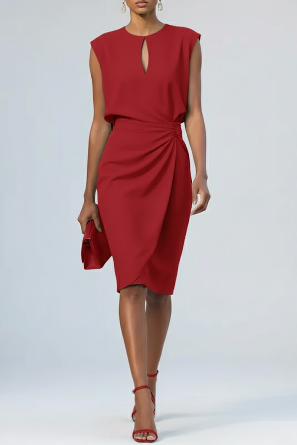 Harrow Alina sleek ruched bodycon midi dress with keyhole neckline, perfect for cocktail parties, worn by a woman.