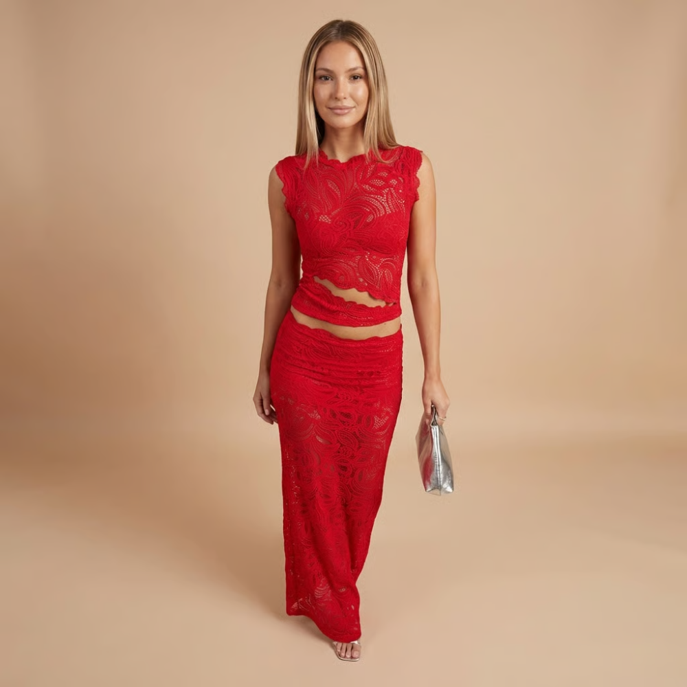 Elegant Harrow Allegra high-neck lace maxi skirt set for women, featuring a sophisticated lace design and flowing skirt.