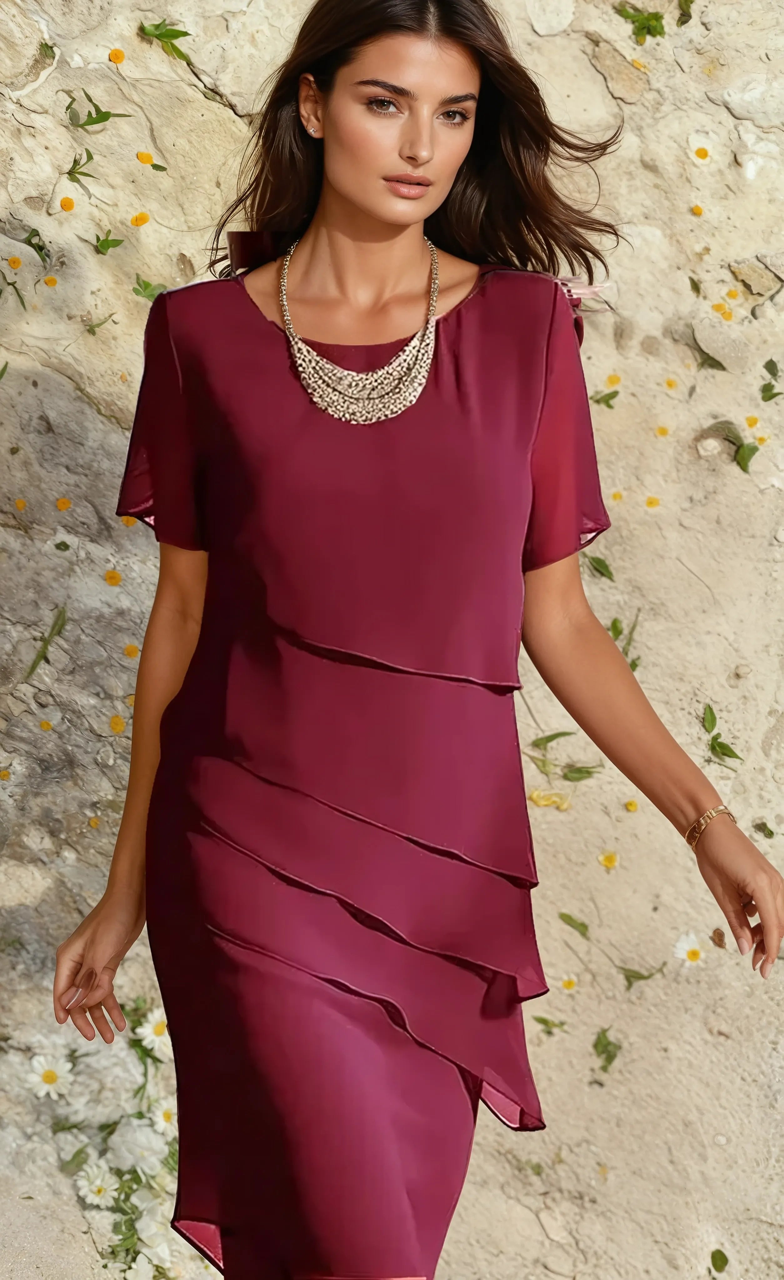 Women wearing the Alyssa Harrow Playful Ruffle Midi Dress with layered flutter sleeves, suitable for cocktail parties.