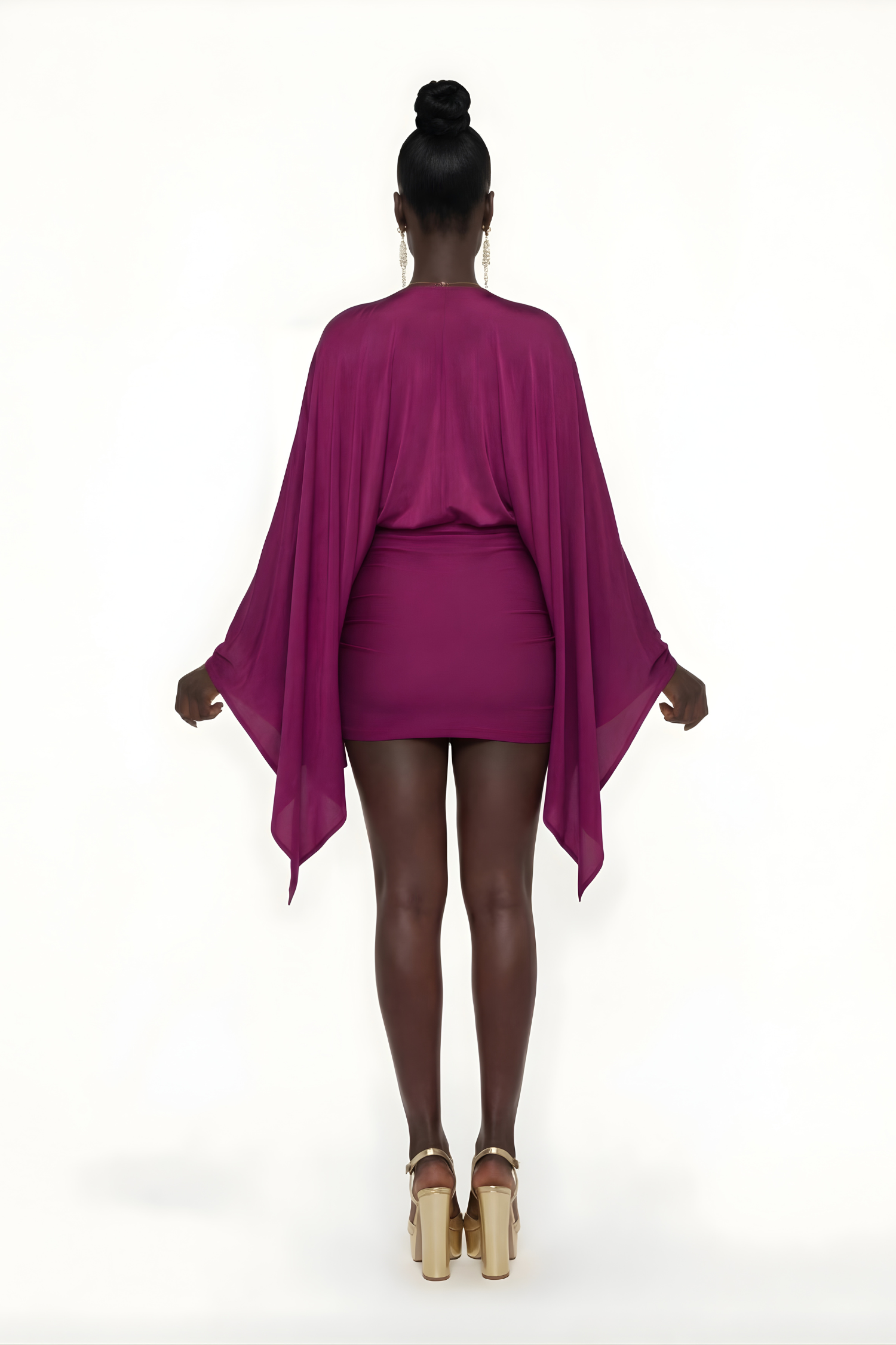 Harrow Amara elegant draped mini dress with cowl neck and batwing sleeves, perfect for cocktail parties.