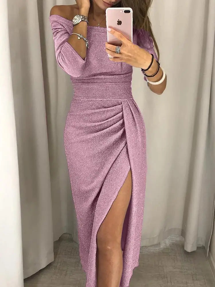 Women wearing Harrow Andromeda sequin midi dress with off-shoulder design, slit, perfect for glamorous cocktail parties