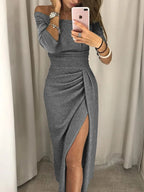 Women in a glamorous Harrow Andromeda sequin midi dress with off-shoulder design and side slit, perfect for cocktail parties.