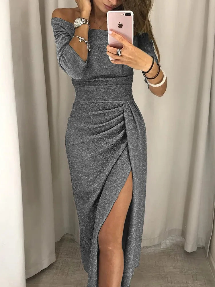 Women in a glamorous Harrow Andromeda sequin midi dress with off-shoulder design and side slit, perfect for cocktail parties.