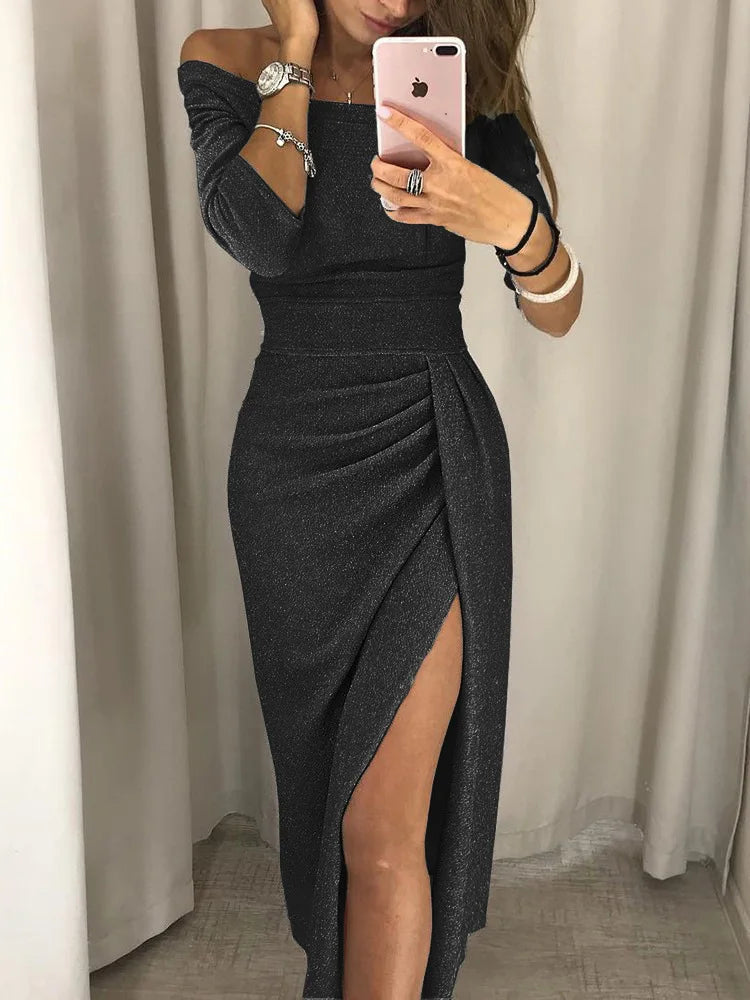 Women wearing Harrow Andromeda sequin midi dress with off-shoulder design, slit, perfect for cocktail parties.