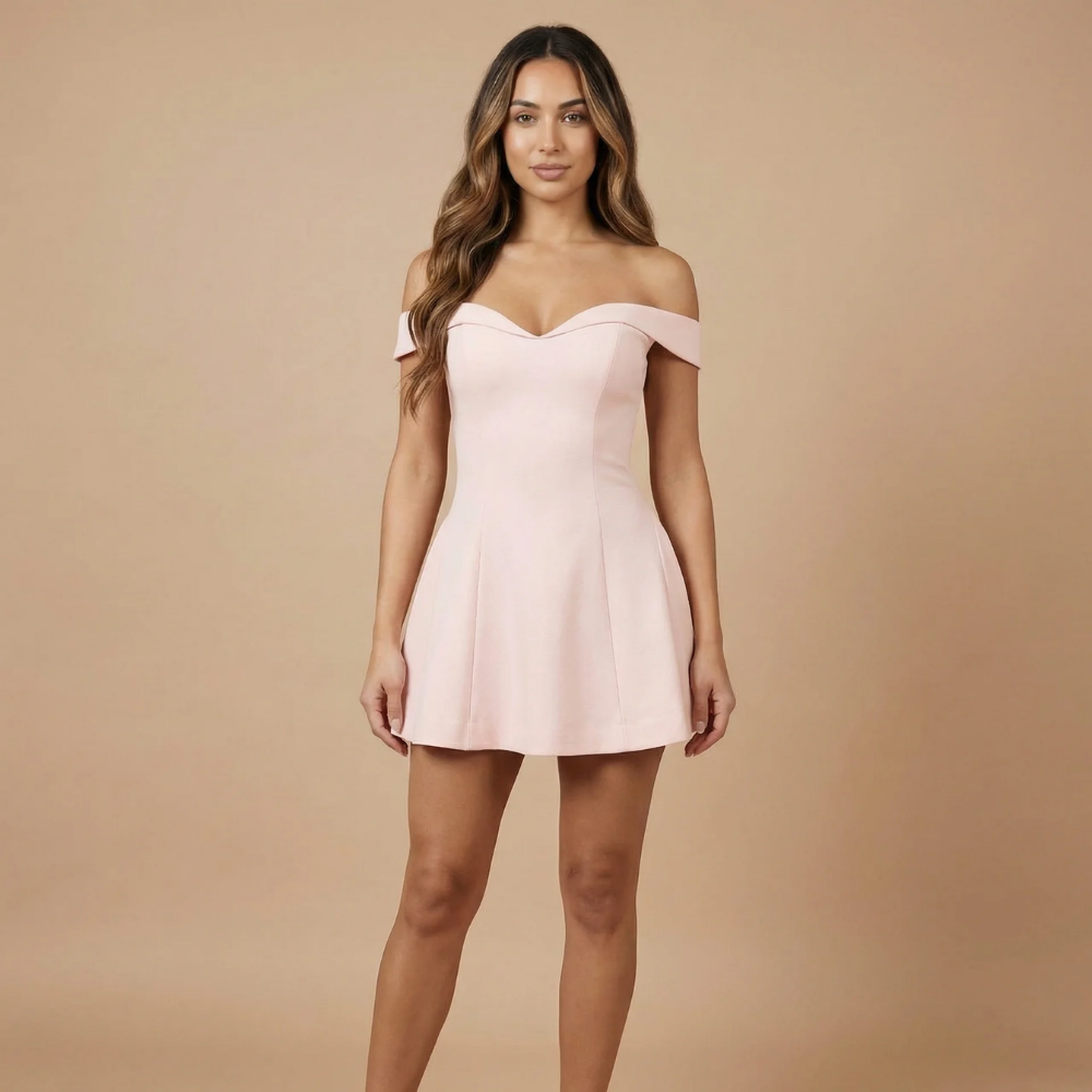 Women wearing the Harrow Angelica romantic off-shoulder mini dress, perfect for cocktail parties, with a sweetheart neckline and elegant style.
