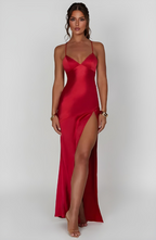 Women wearing Harrow Annika luxe satin maxi dress with V-neck and thigh slit, perfect for cocktail parties.