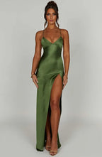 Women wearing Harrow Annika luxe satin maxi dress with V-neck, slit, perfect for cocktail parties.