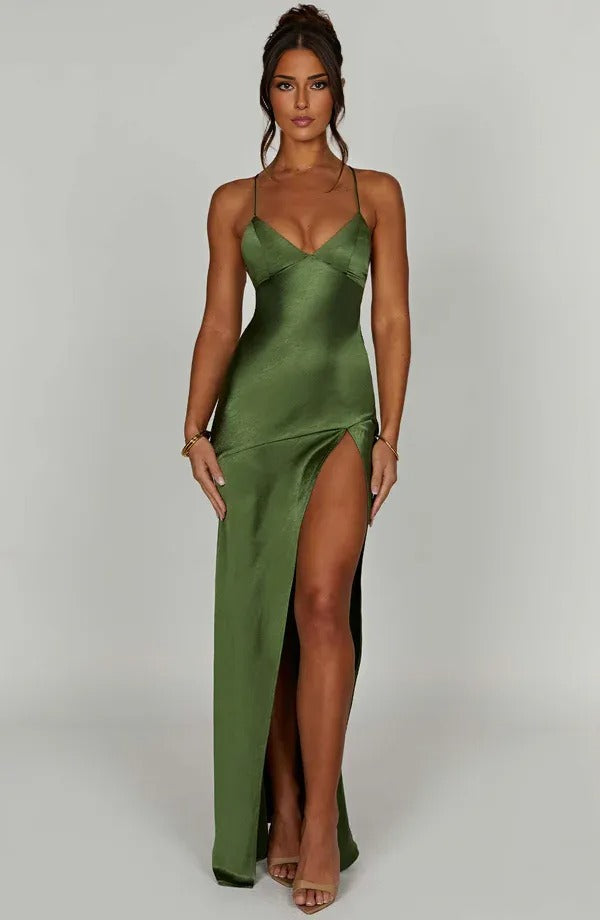 Women wearing Harrow Annika luxe satin maxi dress with V-neck, slit, perfect for cocktail parties.