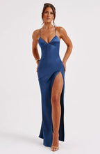Women wearing Harrow Annika satin maxi dress with V-neck, slit, perfect for cocktail parties, elegant evening attire.