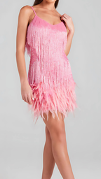 Women wearing the Harrow Antoinette glamorous sequin mini dress with fringe and V-neck, perfect for cocktail parties.