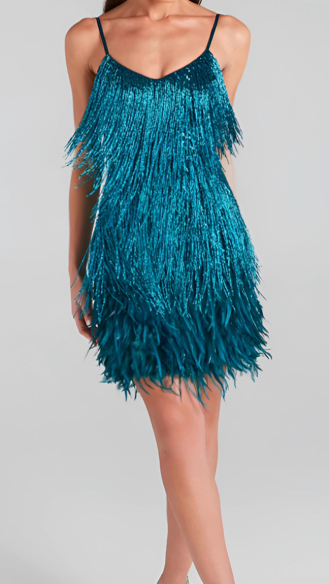 Women wearing the Harrow Antoinette sequin mini dress with fringe and V-neck, perfect for glamorous cocktail parties.