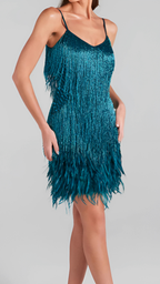 Women wearing the Harrow Antoinette sequin mini dress with fringe and V-neck, perfect for glamorous cocktail parties.