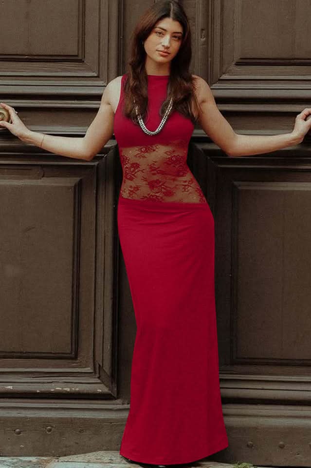 Women wearing Harrow Ariel elegant lace maxi dress with cutout details, sleeveless design, suitable for cocktail parties.
