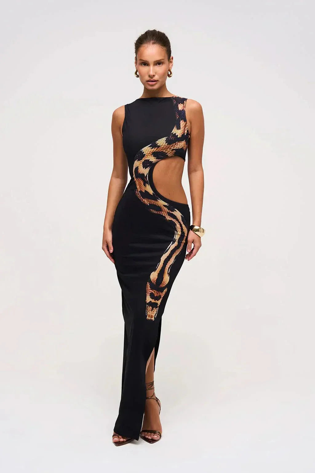 Women’s Arielle printed snake-print maxi dress by Harrow, featuring cutout details perfect for cocktail parties