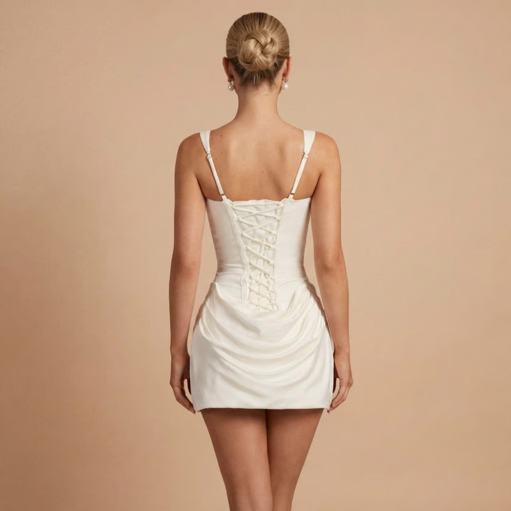 Harrow Astrid elegant square neck ruched mini dress for women, perfect for cocktail parties, showcasing a fitted bodycon style.