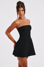 Harrow Athena playful ruffle mini dress with strapless bubble design, perfect for cocktail parties, shown on a woman.