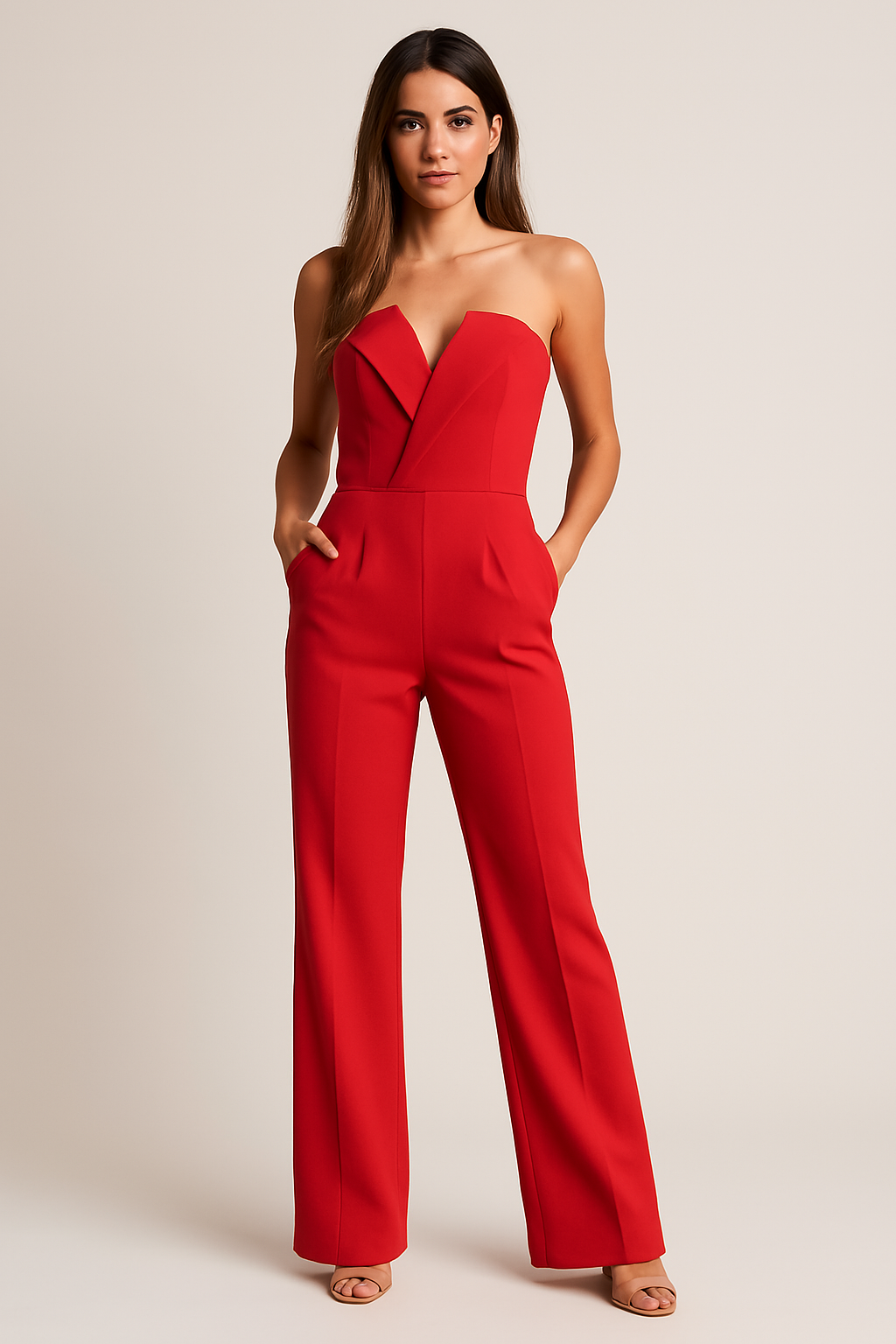 Women wearing the Aurora romantic strapless sweetheart wide-leg jumpsuit by Harrow, showcasing elegant style and flowing fabric.
