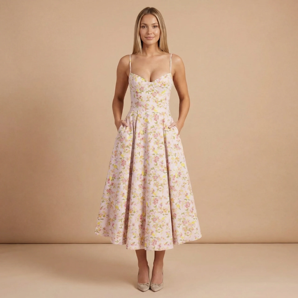 Women wearing the Harrow Beatrice sweetheart midi dress with a fit-and-flare silhouette, perfect for cocktail parties.