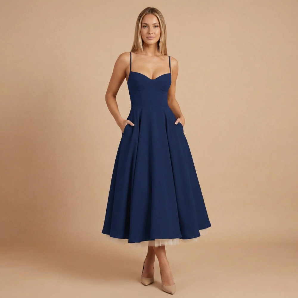 Harrow Beatrice romantic sweetheart midi dress for women, featuring a fit and flare silhouette ideal for cocktail parties.