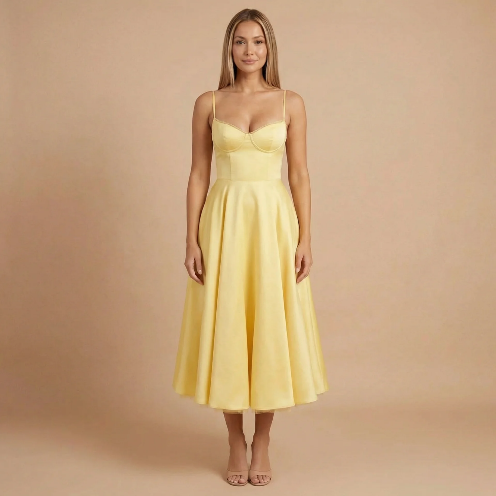 Women wearing the Harrow Beatrice romantic sweetheart midi dress with a fit and flare silhouette, ideal for cocktail parties.