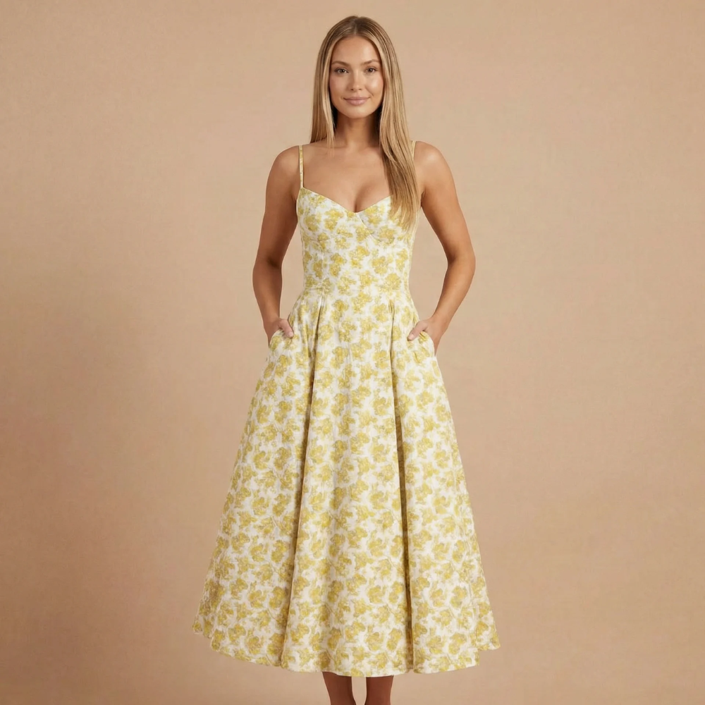 Women wearing the Harrow Beatrice romantic sweetheart midi dress with fit and flare silhouette for cocktail parties.