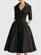 Harrow Beatrix glamorous cocktail midi dress with V-neck, 3/4 sleeves, and pockets, perfect for elegant party occasions