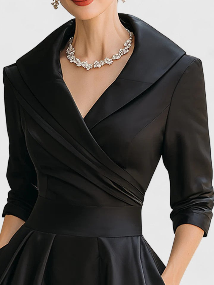 Harrow Beatrix glamorous cocktail midi dress with V-neck, 3/4 sleeves, pockets, perfect for stylish cocktail parties.