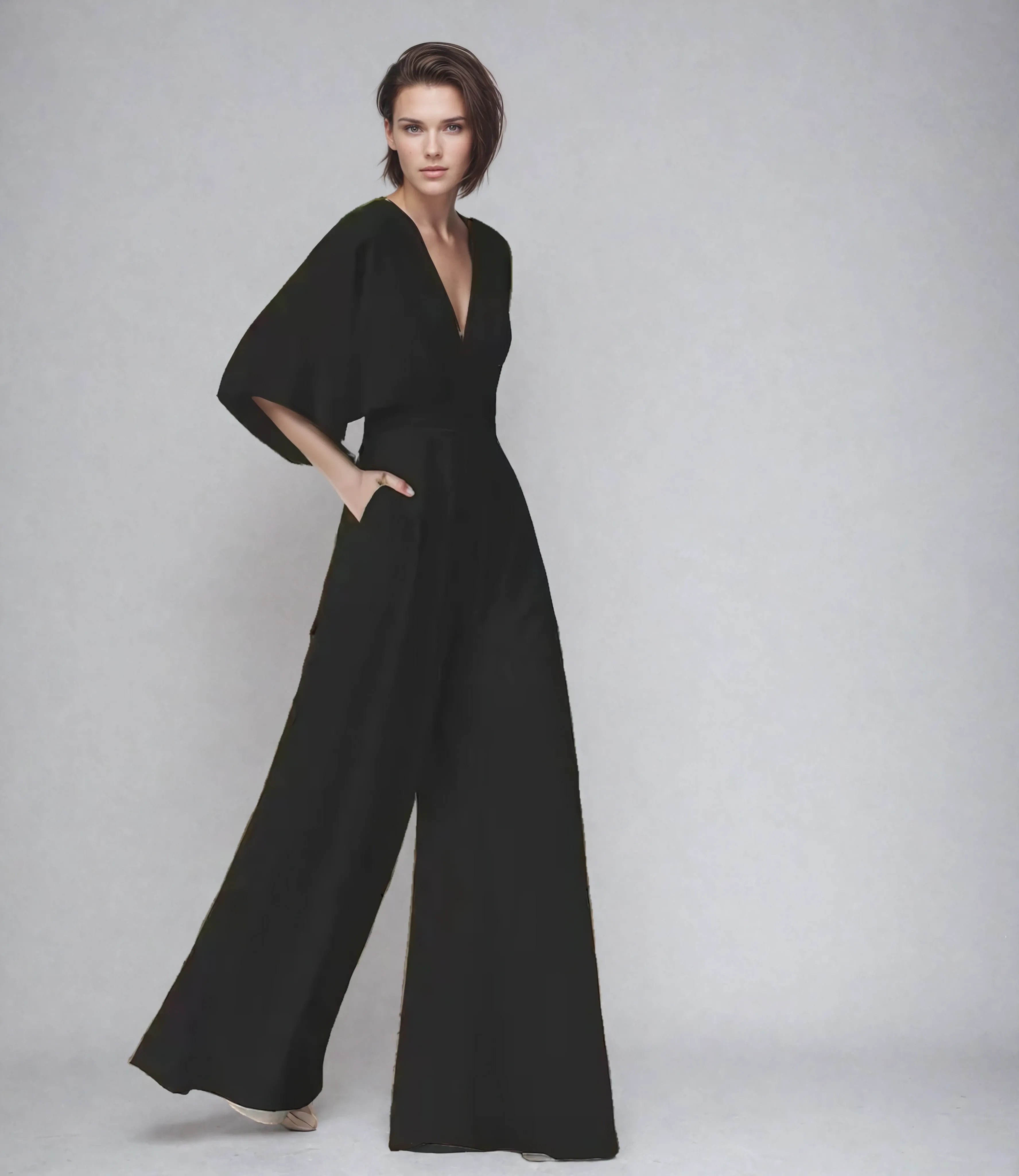 Harrow Blair women's V-neck flutter sleeve wide-leg jumpsuit, stylish and comfortable for casual or formal occasions.