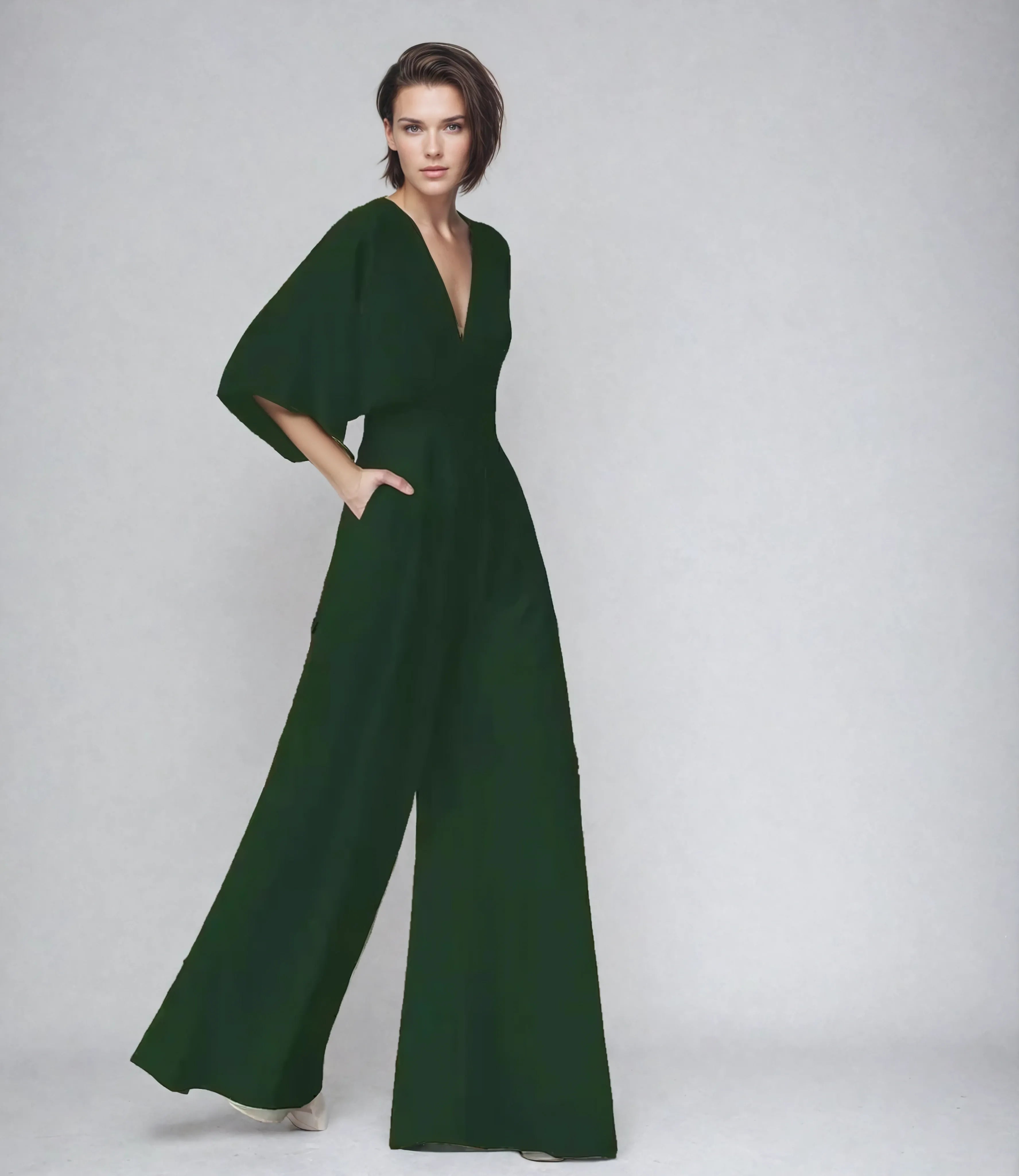 Women wearing Harrow Blair V-neck flutter sleeve wide-leg jumpsuit, showcasing a stylish, effortless evening look.
