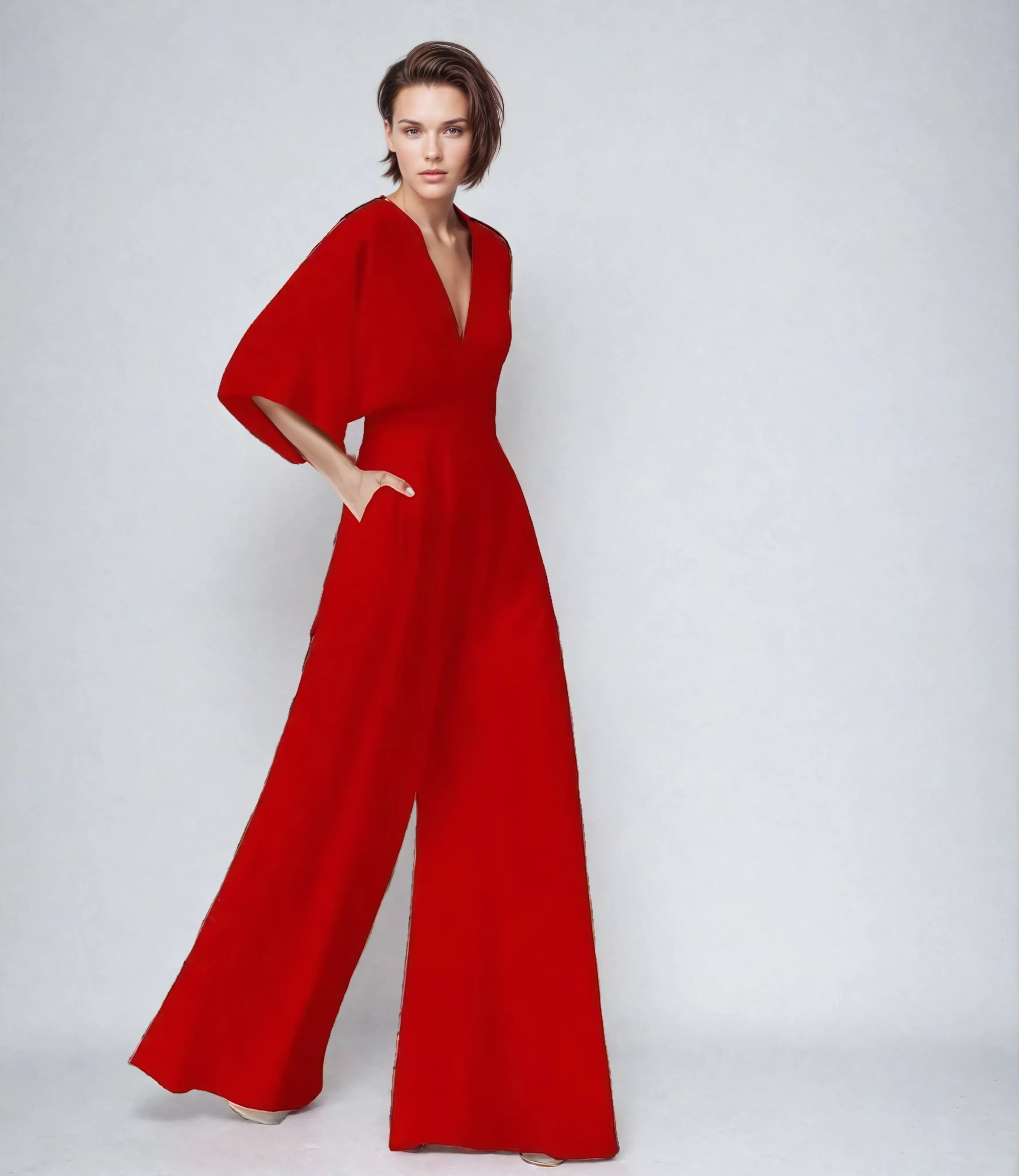 Harrow Blair women's V-neck jumpsuit with flutter sleeves and wide-leg design, styled for elegant occasions.