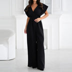 Elegant women's wide leg jumpsuit with V-neck and flutter sleeves, Harrow Bonnie style, perfect for cocktail events.