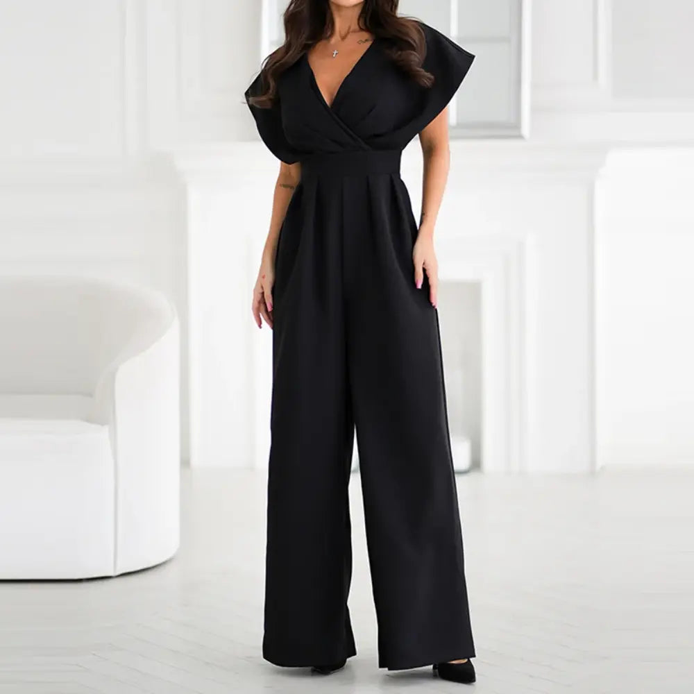 Harrow Bonnie women's wide-leg jumpsuit with V-neck and flutter sleeves, elegant and stylish for formal and casual occasions.