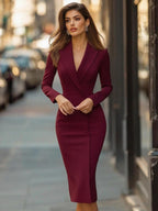 Elegant woman wearing the Harrow Bridget long sleeve lapel midi sheath dress for formal events, showcasing a sophisticated style.