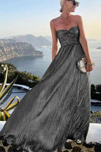 Harrow Britta glamorous sequin maxi dress for women, strapless, pleated metallic formal gown for elegant events, full-length view