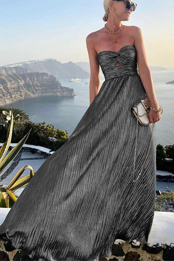 Harrow Britta glamorous sequin maxi dress for women, strapless, pleated metallic formal gown for elegant events, full-length view
