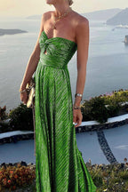 Harrow Britta glamorous sequin maxi dress for women, strapless, pleated metallic fabric, perfect for formal events.