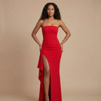 Harrow Calista sleek ruched strapless maxi dress with thigh slit, perfect for formal events and elegant occasions.