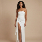 Women wearing the Harrow Calista sleek ruched bodycon maxi dress with a thigh slit, designed for formal events.