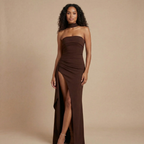 Harrow Calista sleek ruched strapless maxi dress with thigh slit, perfect for formal events, shown on a woman.