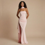 Women wearing the Harrow Calista sleek ruched bodycon maxi dress with thigh slit, designed for formal events.