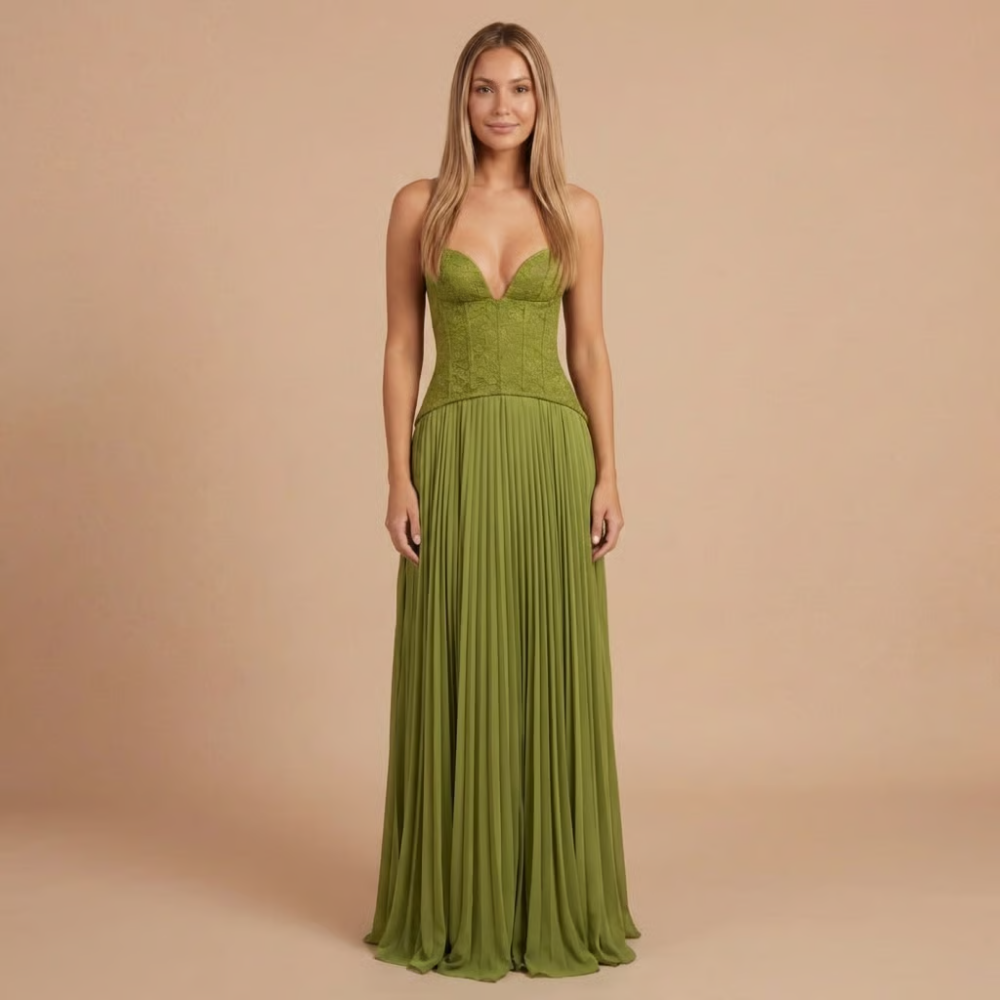 Elegant black pleated maxi dress for women by Harrow, featuring a sweetheart neckline and formal event style.