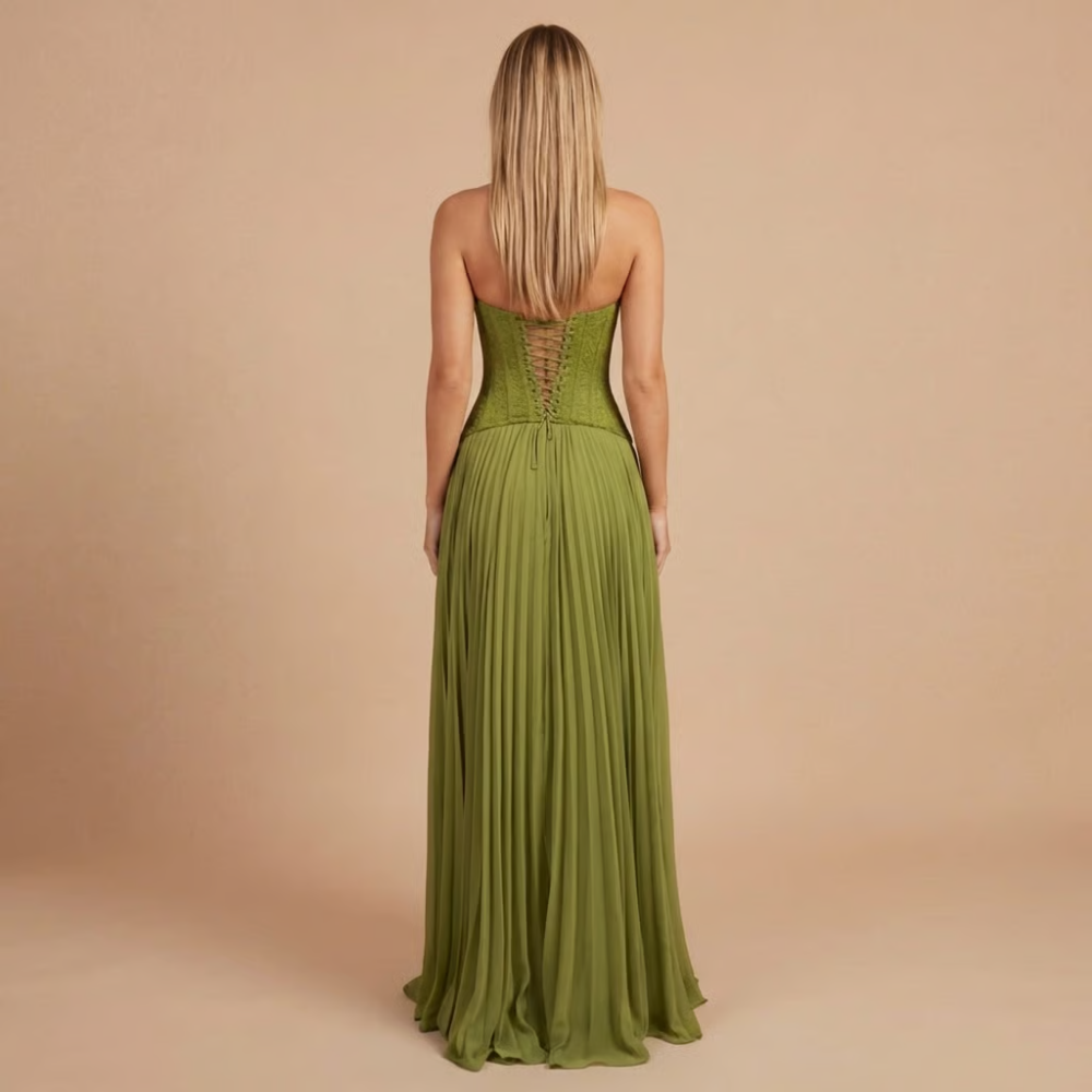 Elegant navy pleated maxi dress for women by Harrow, featuring a sweetheart neckline and formal event style.
