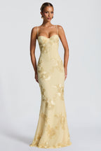 Women’s romantic floral maxi dress with sweetheart neckline and appliqué details, ideal for prom and formal events by Harrow.