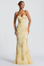 Women wearing Harrow Carina romantic floral maxi dress with sweetheart neckline and appliqué details, suitable for prom and formal events.