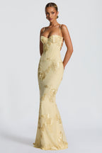 Women’s romantic floral maxi dress with sweetheart neckline and appliqué details, perfect for prom and formal events by Harrow.