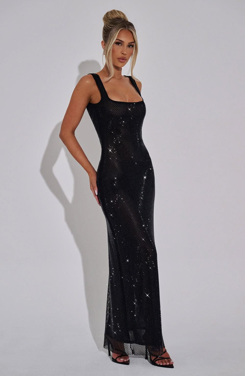 Women wearing a Harrow Cassidy elegant prom maxi dress with a rhinestone square neckline for formal events.
