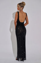 Women wearing Harrow Cassidy prom maxi dress with rhinestone square neckline, elegant formal evening gown for special events.