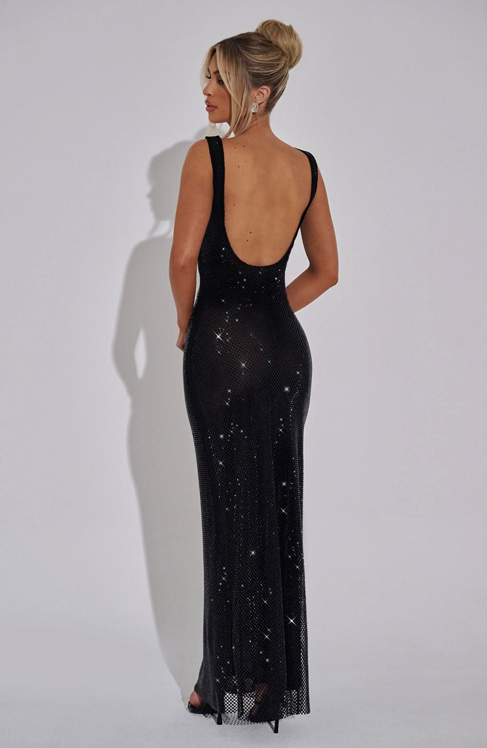 Women wearing Harrow Cassidy prom maxi dress with rhinestone square neckline, elegant formal evening gown for special events.
